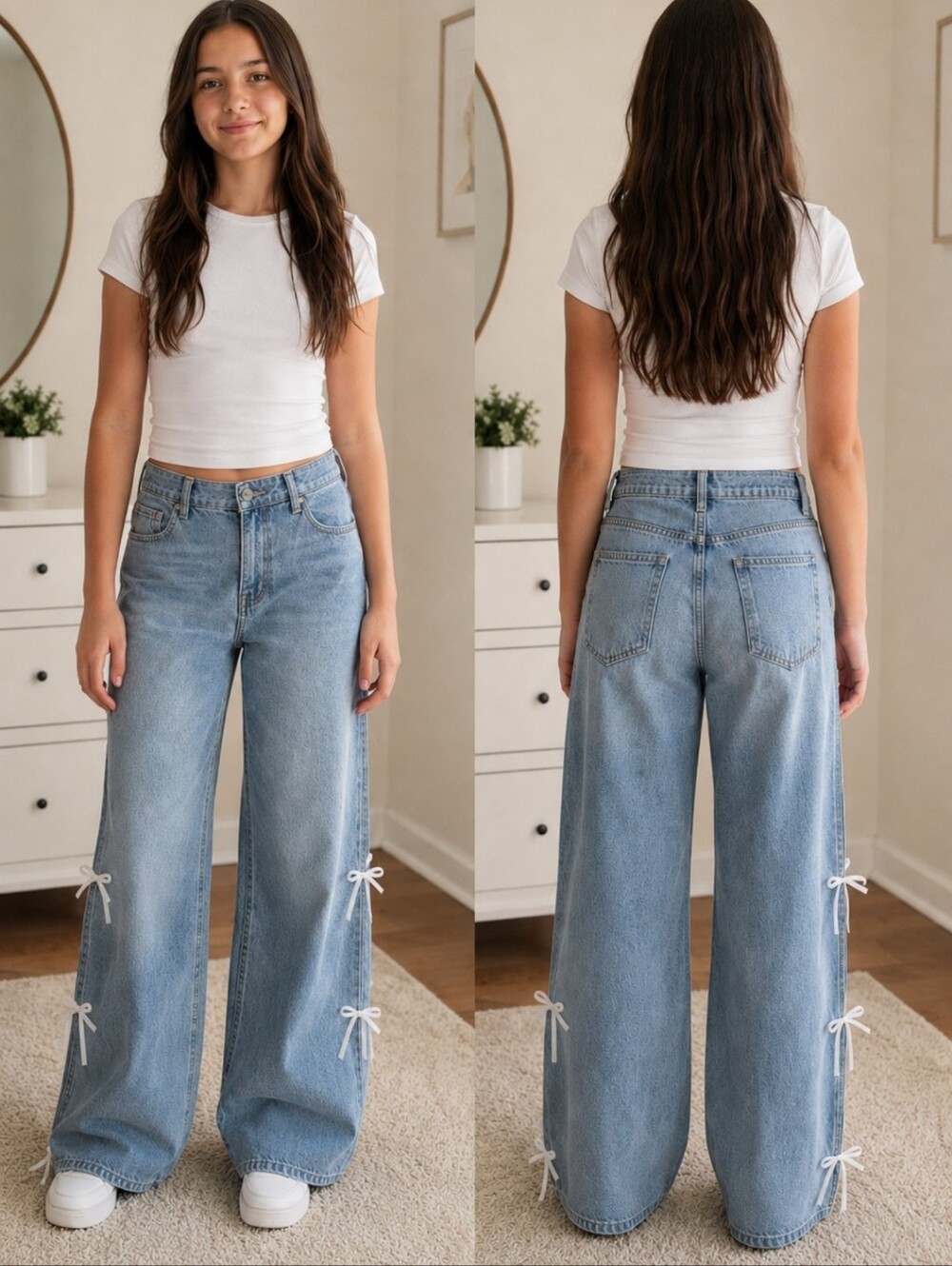 Junior's Denim Wide Leg Jeans with Side Bow Details- Size 5